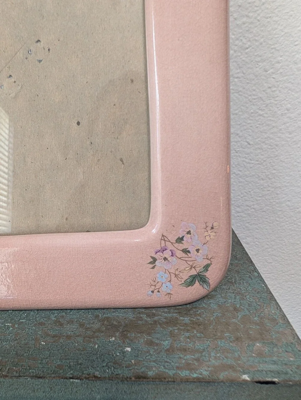 Vtg Terragrafics Picture Frame Floral Pink Crackle Glaze Ceramic Cottage Core